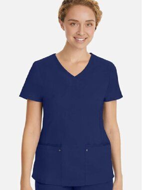 Healing Hands Purple Label Yoga Juliet 2-Pocket Scrub Top Large V-Neck Navy Blue